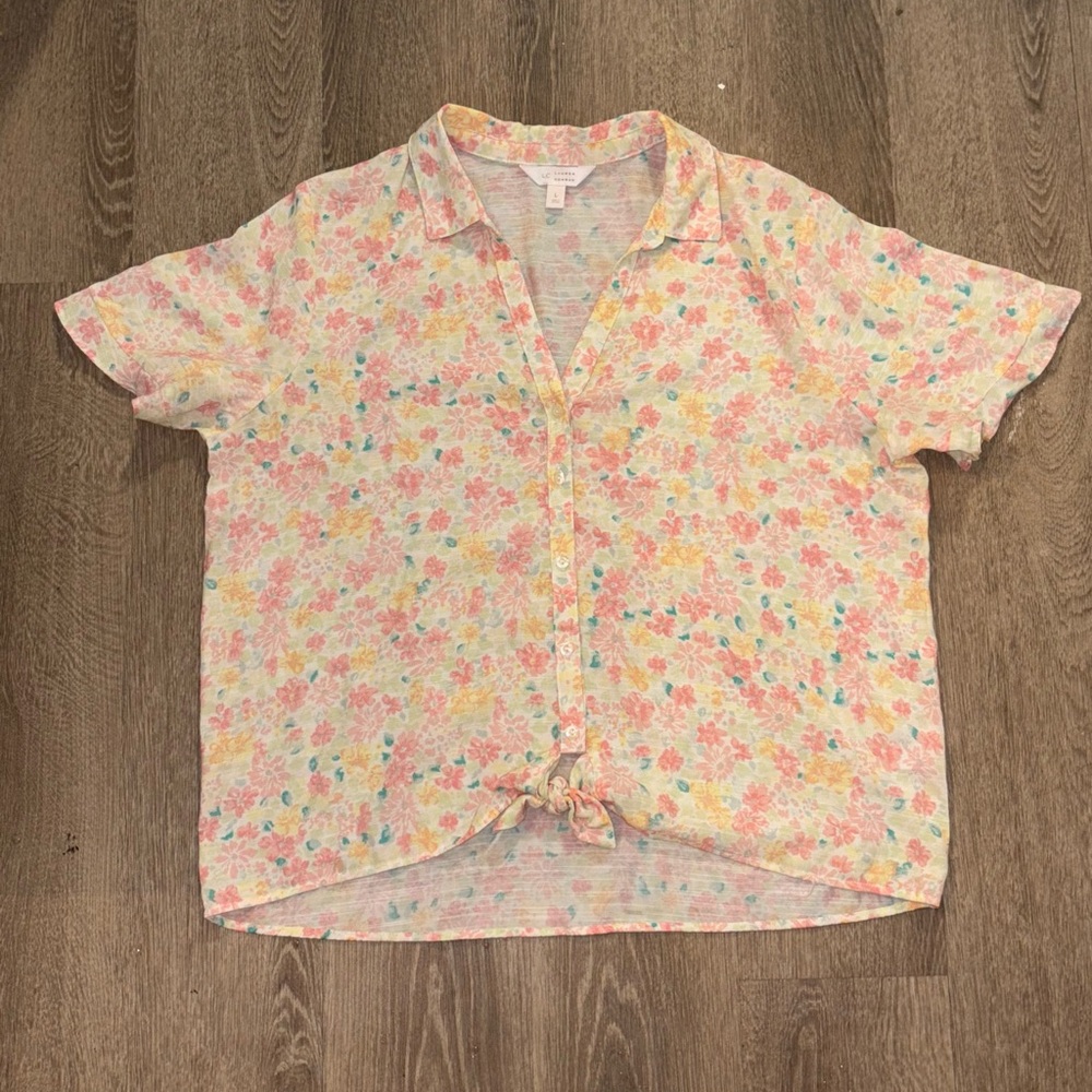 LC Lauren Conrad Pink and Yellow Button Down Floral Shirt